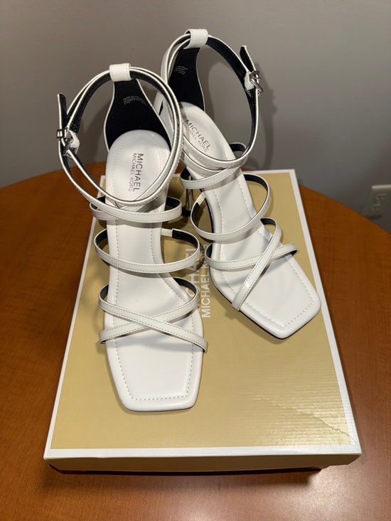 Michael Kors Shoes - Michael Kors White Imani Strappy Square-Toe Heeled Sandals Patent Leather